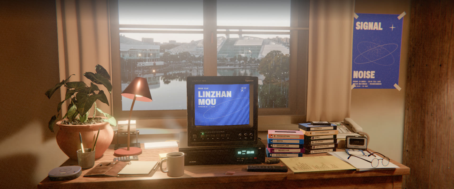 A desk at night by a rainy window: a small TV showing the name Linzhan Mou, a VCR, a stack of labelled video tapes, a desk lamp and a plant.